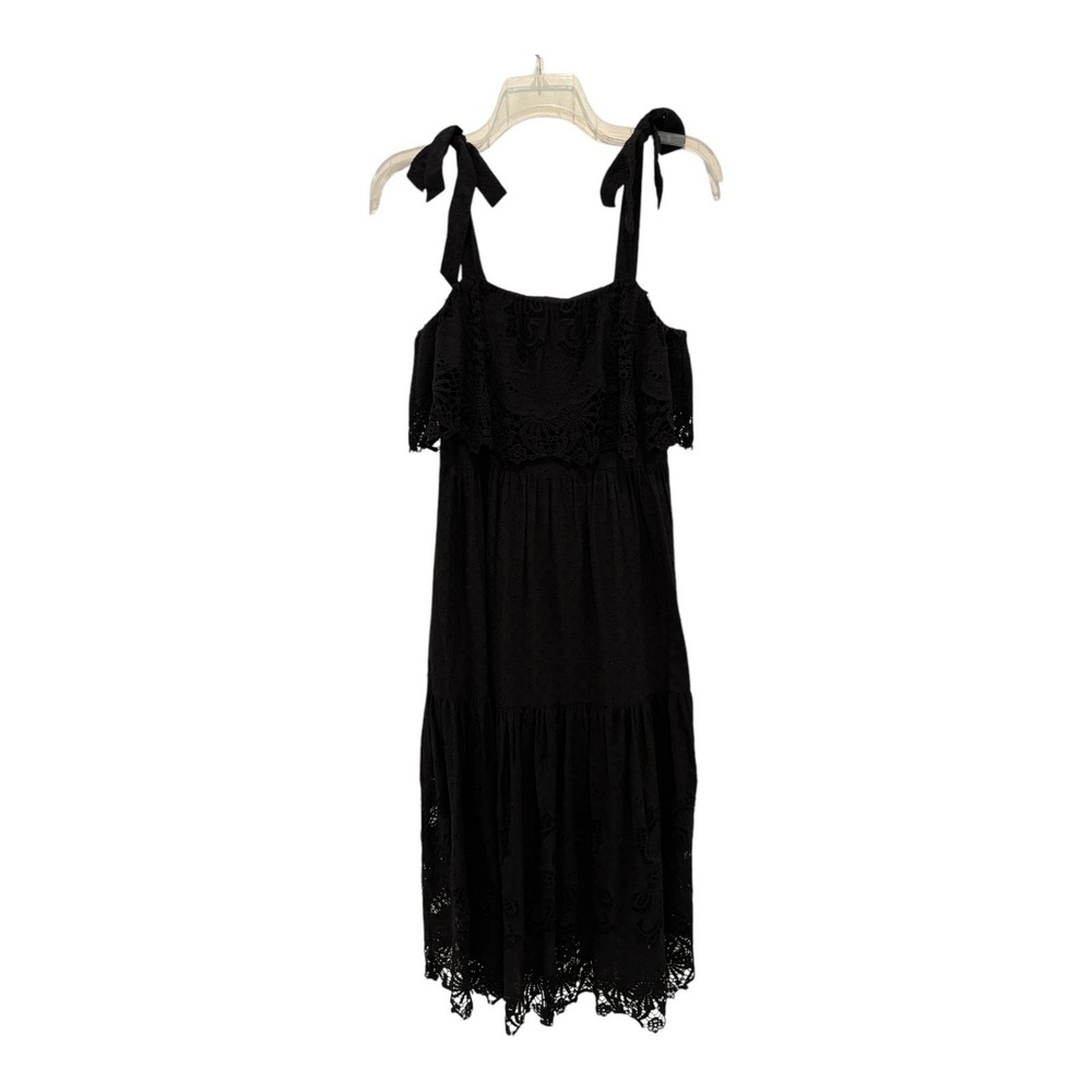 Antonio Melani Black Dress Size 6 Cotton‎ Eyelet Crochet Lace Midi Tie Shoulder